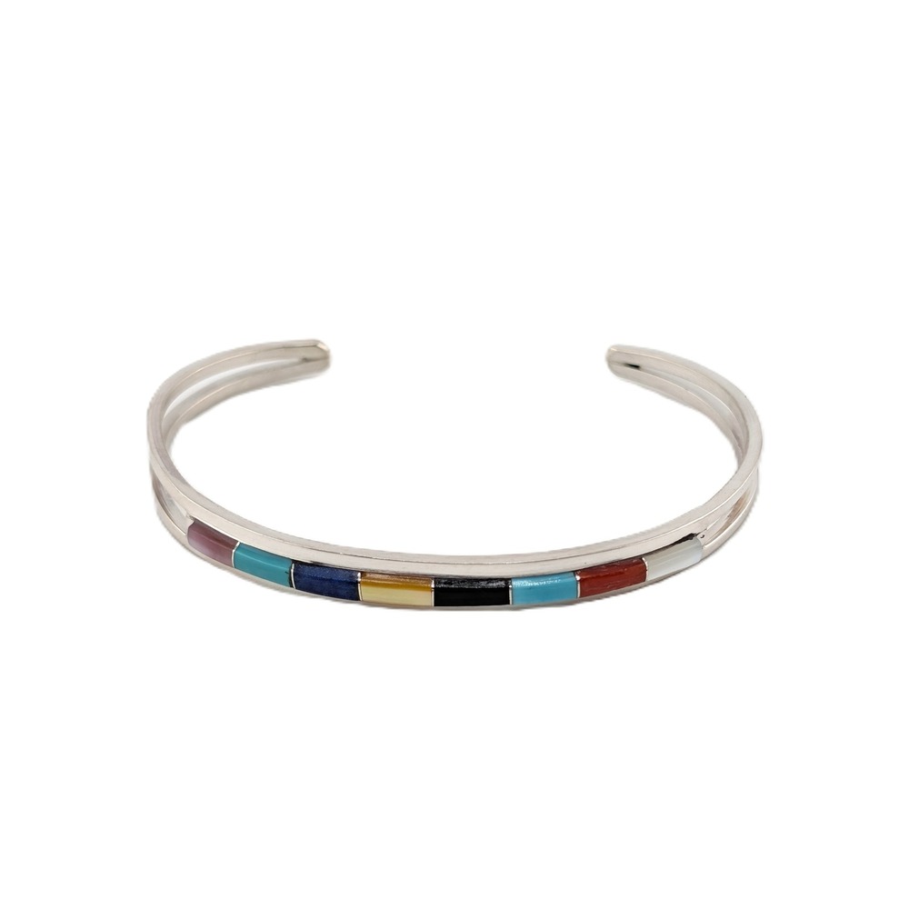 Zuni Multi Stone Inlay Slim Cuff‎ Bracelet Sterling Silver Sz 6.75in - Picture 2 of 6